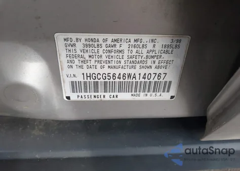 1998 Honda Accord Lx из США, поврежденный, VIN 1HGCG5646WA140767